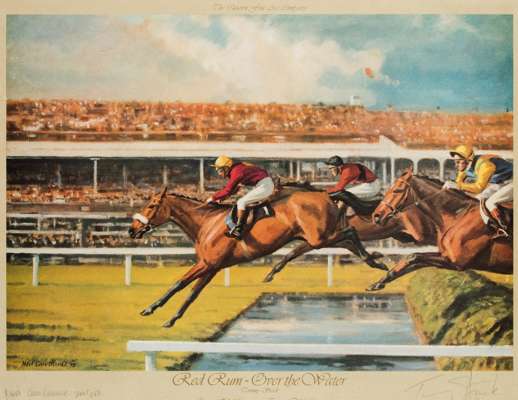 Two Neil Cawthorne prints of Red Rum signed by the jockeys Brian Fletcher and Tommy Stack, the Fletcher signed print titled RED RUM - IN THE STABLE YA