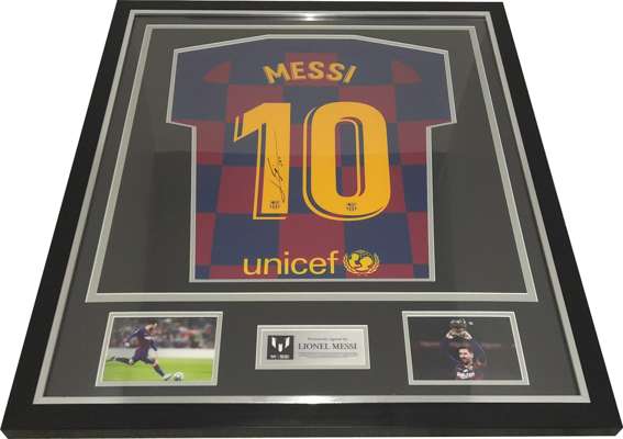 Lionel Messi Barcelona signed & framed 2019-20 season shirt display from private signing with Icons.com, 
 certificate of authenticity and photo proof