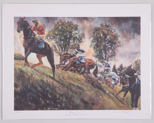 Three limited edition steeplechase horse racing prints by David Dent (British, b.1959)