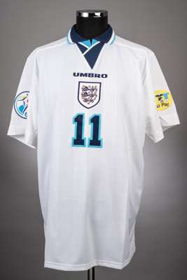 Darren Anderton no.11 England Euro 96 home jersey from the Euro 96 competition,
 Player issue long sleeved example manufactured by Umbro. UEFA Fair pl