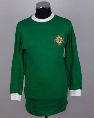 Green and white No.6 Northern Ireland match worn long-sleeved shirt, 1967-69
