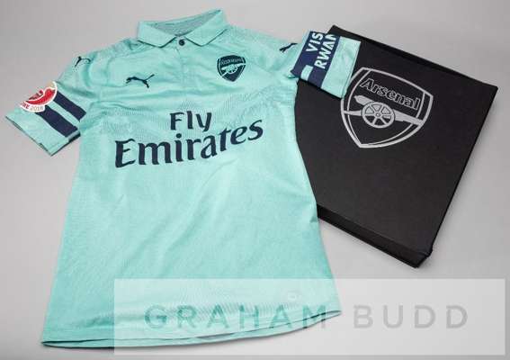 Emile Smith-Rowe signed turquoise and navy Arsenal no.55 third choice jersey in Singapore, July 2018,
 match-worn, short-sleeved with ARSENAL SINGAPOR