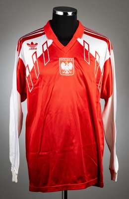 Red and white Poland no.16 away jersey, circa early 1990s,
 Adidas, long-sleeved with national emblem, reverse numbered 16 in a pink tinge, size 46-48