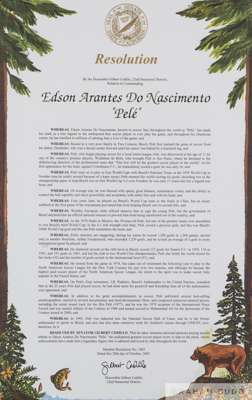 A "Resolution" certificate presented to Pelé in 2005 by the California State Senate honouring his outstanding achievements in soccer,
 the multicolour
