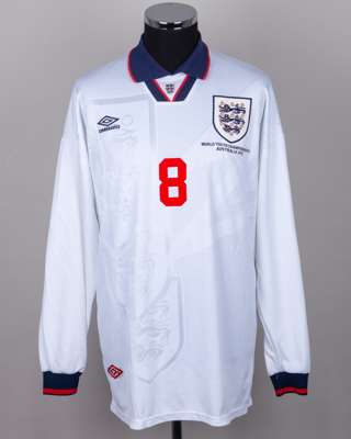 Darren Caskey White and blue No.8 England Youth long-sleeved shirt, 1993