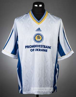 Serhiy Fedorov white, blue and yellow Dynamo Kiev no.17 jersey, season 1998-99,
 Adidas, short-sleeved with club crest and sponsor logo, reverse lette