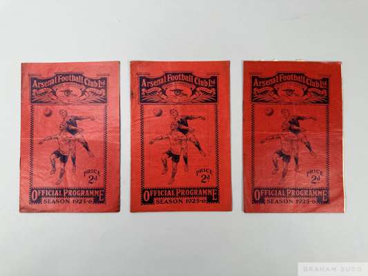 Three Arsenal home match programmes, season 1925-26,
 comprising, Bolton Wanderers, October 10th 1925, Crystal Palace Combination, December 5th, 1925
