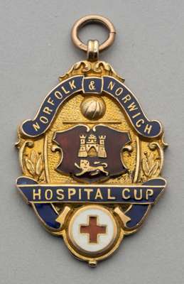Newcastle United 9ct gold medal for Norfolk & Norwich Hospital Cup 1910 awarded to James Quar McPherson,
 obverse with blue and red enamel, reverse en