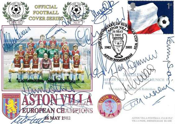 Aston Villa 1982 European Cup winners postal cover issued to mark the 20th Anniversary of Villa's and hand signed by 12 of the winning team, 
 Jimmy R