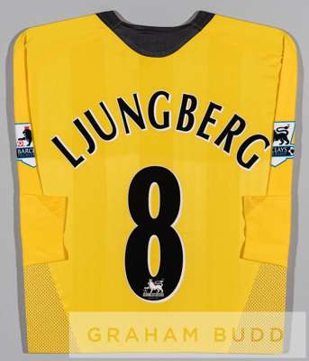 Freddie Ljungberg yellow and grey Arsenal No.8 away jersey, season 2005-06,
 long-sleeved with BARCLAYS PREMIERSHIP sleeve badges, club crest and spon