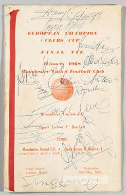 Signed Manchester United European Cup Final dinner menu card, held at Hotel Russell London, 29th May 1968,
 signed on the front cover by approximately