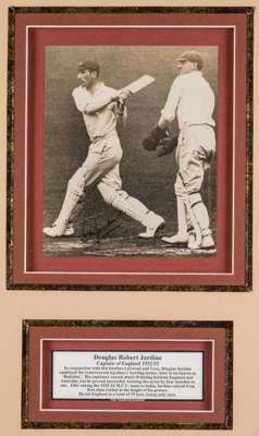 England 1932-33 Bodyline series memorabilia,
 comprising a signed photograph of the England captain Douglas Jardine, signature in ink, 6 by 5in. photo
