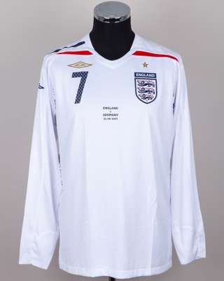 David Beckham white No.7 England v. Germany match issued long-sleeved shirt, 2007