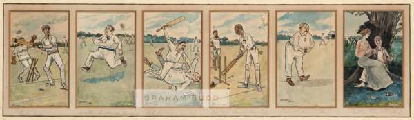 A series of six cricketing caricatures by W Dodds, circa 1905.
 Pen, ink and watercolour, five depicting amusing cricket action scenes and the sixth d