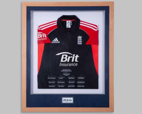 Blue and red England v. India NatWest ODI Series 2011 autographed cricket shirt display