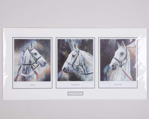A pair of jockey signed Desert Orchid limited edition prints by David Dent (British, b.1959)