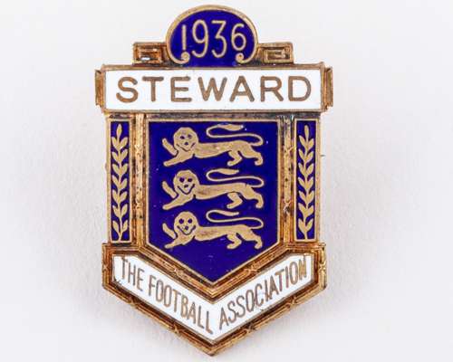 A gilt-metal and enamel Arsenal v. Sheffield United F.A. Cup Final steward's badge, 1936