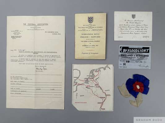 England v Scotland handbook for the game at Wembley on 6th April 1957, 
 along with an FA Letter, an Invitation to the post inner for the game, an Eng