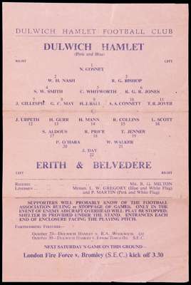 23 Dulwich Hamlet home programmes season 1943-44, including fixtures v Erith & Belvedere, Sutton & Tooting, plus London Fire Forces v Charlton Rovers,