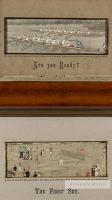 Two sporting stevengraphs, for tennis and Oxford v Cambridge rowing, circa late 19th century,
 comprising "The First Set" featuring a tennis match, wo