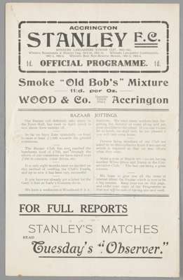 Accrington Stanley's first ever football programme v Morecambe 12th February 1921,
 pre-League Lancashire Combination fixture, the editorial confirmin