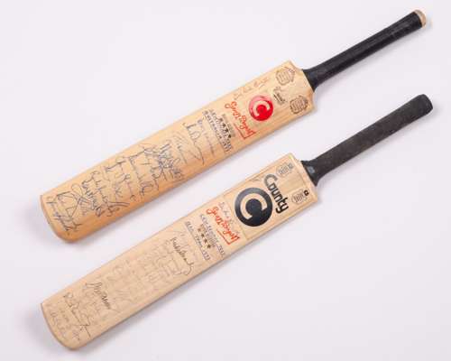 Dickie Bird M.C.C. v. Australia 1977 Centenary Test autographed miniature cricket bats