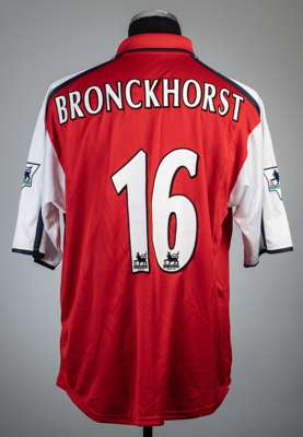Giovanni van Bronckhorst red Arsenal no.16 home jersey, season 2001-02,
 Nike, short-sleeved with THE F.A. PREMIER LEAGUE sleeve badges, club crest an