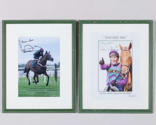 Two A P McCoy signed photo prints commemorating the fastest ever 100 winners,