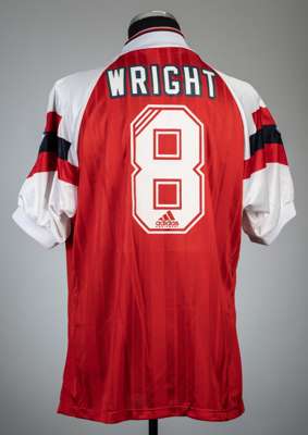 Ian Wright red Arsenal no.8 home jersey, season 1993-94,
 Adidas, short-sleeved with THE FA PREMIER LEAGUE sleeve badges, club crest and sponsor logo,