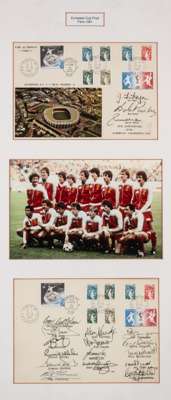 Liverpool European Cup Final Paris 1981 photograph with two signed FDC's display, 
 central colour team photograph, with two signed FDC's above and be