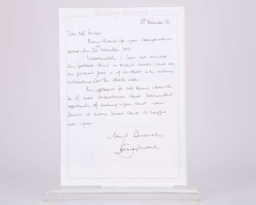 Two Bobby Moore handwritten letters, one to Raymond of Bobby Moore Sports, Green Street