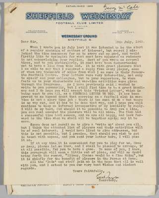 Official printed letter of correspondence from Sheffield Wednesday FC dated 17/7/43 from Eric Taylor to George McCabe, 
 relating to an enquiry on pla