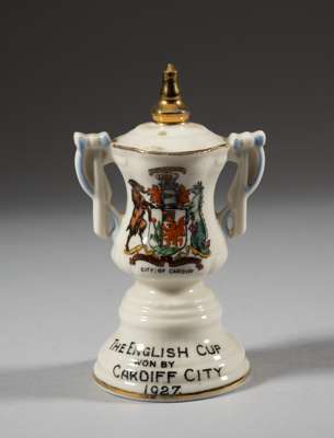 Carlton Ware miniature china replica of the the F.A. Cup trophy being a souvenir of Cardiff City's victory in 1927,
 decorated with the crest of the C