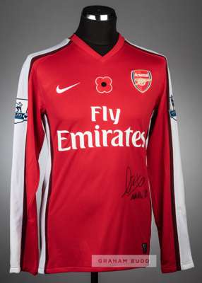 Samir Nasri signed red and white Arsenal no.8 Poppy home jersey, season 2008-09,
 Nike, long-sleeved with BARCLAYS PREMIER LEAGUE sleeve badges, embro