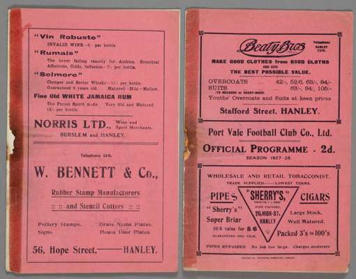 Two Port Vale home programmes,

v Barnsley 14th January 1928 (FAC3) and F.L. Division Two v Stoke City 4th March 1933