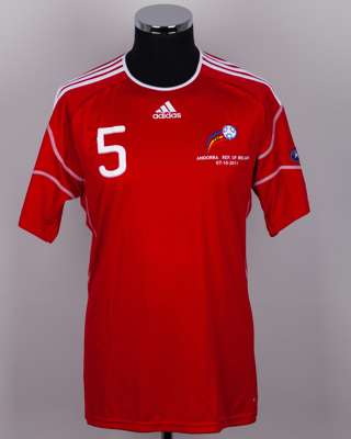 Emili Carlos red No.5 Andorra v. Republic of Ireland match worn short-sleeved shirt, 2011