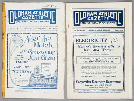 Two Oldham Athletic home programmes,

F.L. Division Two v Bradford Park Avenue 25th December 1929 and F.L. Division Three North v Accrington Stanley 2