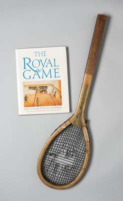 J.H. Prosser & Sons real tennis racquet, circa 1890,
 royal tennis, green vellum convex wedge square, thick gut strings, ridged handle, bears JH PROSS