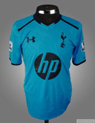 Kyle Walker light blue Tottenham Hotspur No.2 away jersey season 2013-14,  

short-sleeved with BARCLAYS PREMIER LEAGUE sleeve badges, club crest and 