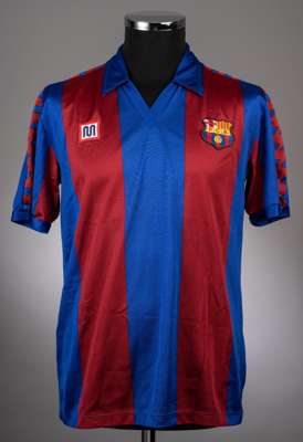 Maradona Barcelona No.10 short-sleeved jersey, 
 Meyba, G, with v-neck collar and embroidered cloth badge inscribed F.C.B., wtih certificate of authen
