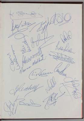 A Europe '88 Official England brochure in hardback cover, 
 the inside cover with twenty autographs including Bobby Robson, Bryan Robson, Kenny Sampso