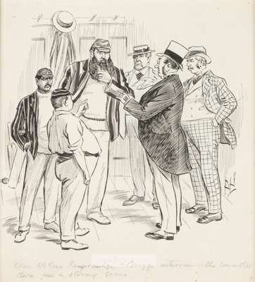 Drawing depicting the cricketers W G Grace, KS Ranjitsinhji and Johnny Briggs, circa 1890s.
 Pen and ink drawing of the three cricketers in the dressi