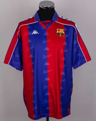 Jon Andoni Goikoetxea garnet and blue No.7 Barcelona v. Austria Vienna shirt, 1993