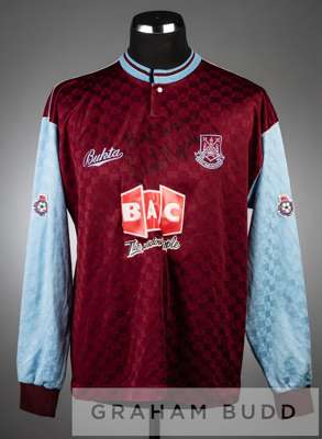 Claret and blue West Ham United no.12 substitute's home jersey, season 1989-90,
 signed by the West Ham United scout and former player Stuart Morgan, 