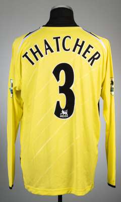 Ben Thatcher yellow Manchester City no.3 third choice jersey, season 2005-06,
 Reebok, long-sleeved with BARCLAYS PREMIERSHIP sleeve badges, club cres