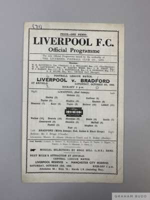 Liverpool v. Bradford Park Avenue single-sheet match programme, 6th October 1945
  pencil scores