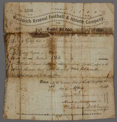 Original Woolwich Arsenal Football & Athletic Company share certificate, dated 7th May 1894,
 on headed paper numbers 1266, addressed to Mr Thomas Bou