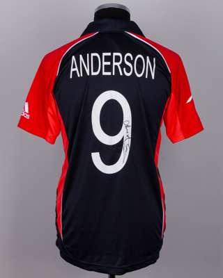 Jimmy Anderson black and red England ICC Cricket World Cup autographed shirt