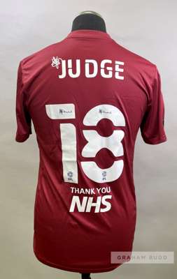 Alan Judge claret, navy and yellow Ipswich Town no.18 third choice jersey, season 2020-21,
 short-sleeved with SKY BET LEAGUE ONE EFL and SKY BET STAY