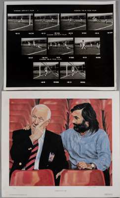 Two George Best related items, 

comprising "Almost Full Time" limited edition print by Ralph Sweeney, featuring George Best and Sir Matt Busby seated